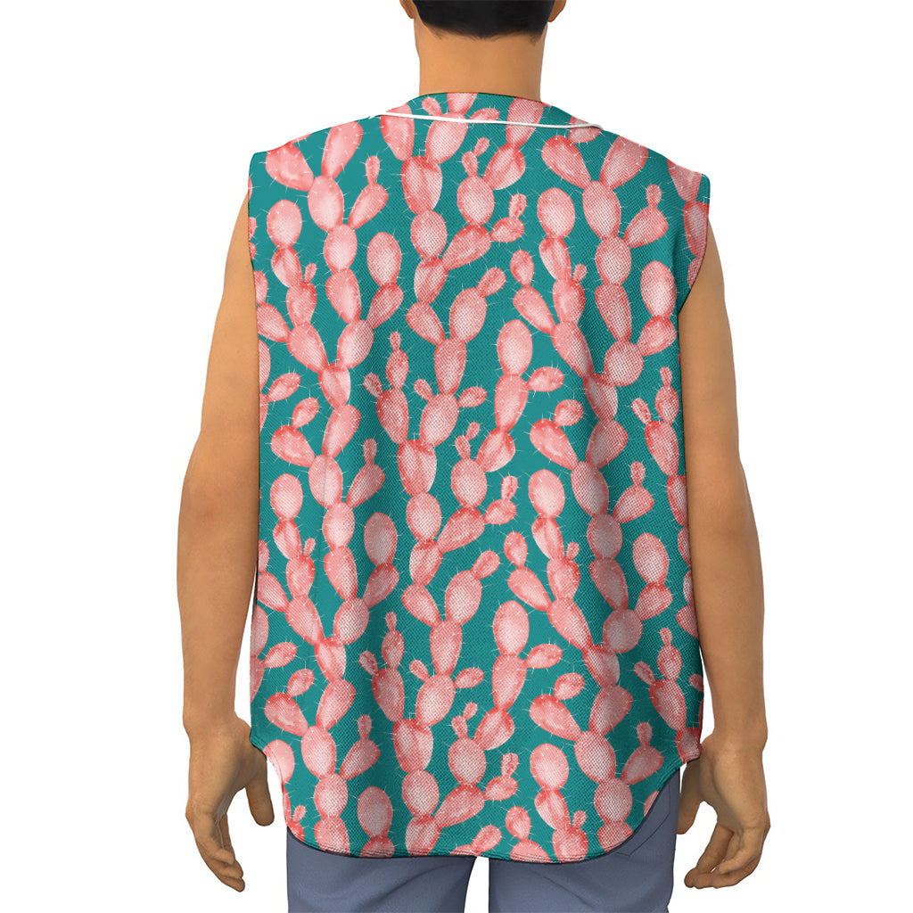 Pink Cactus Pattern Print Sleeveless Baseball Jersey