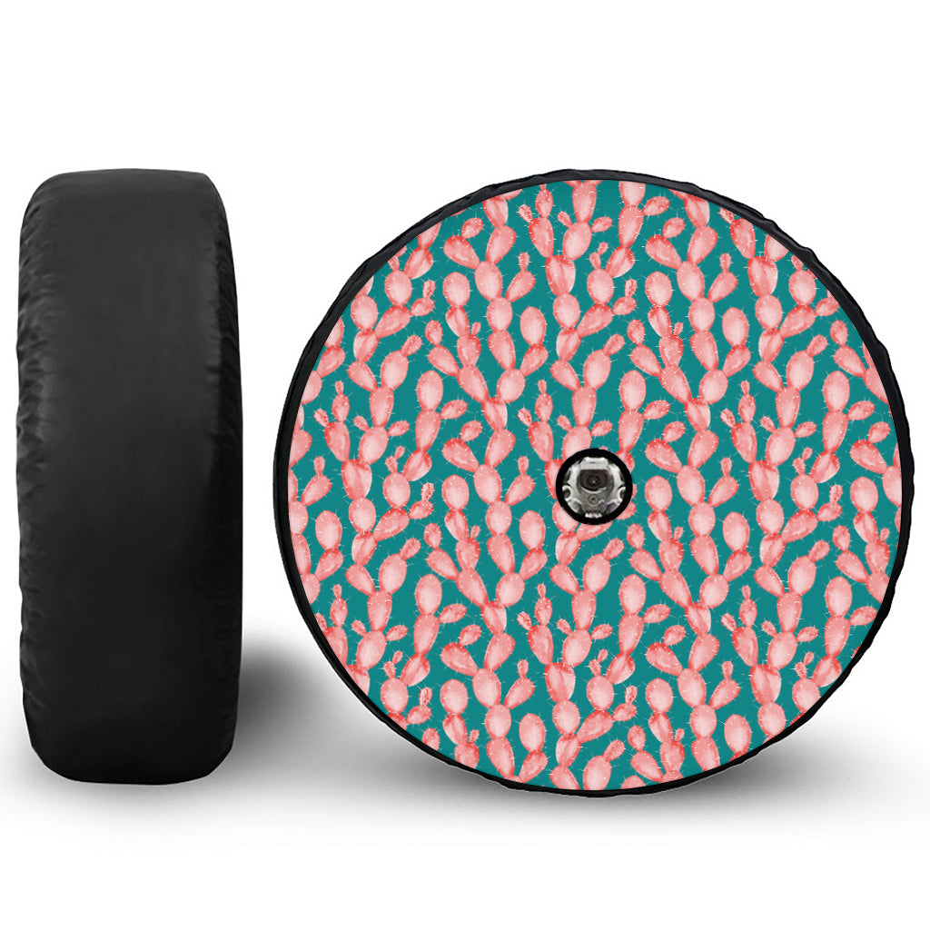 Pink Cactus Pattern Print Tire Cover With Camera Hole