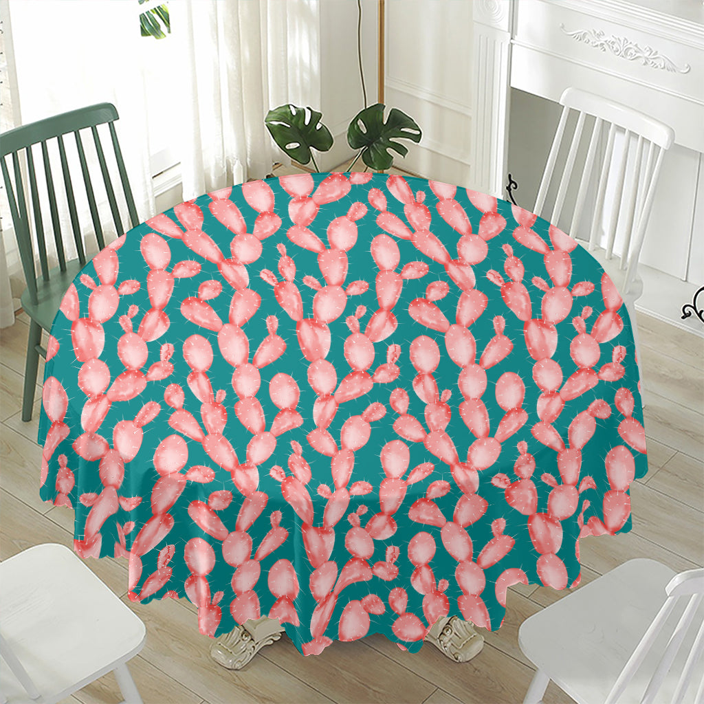 Pink Cactus Pattern Print Waterproof Round Tablecloth