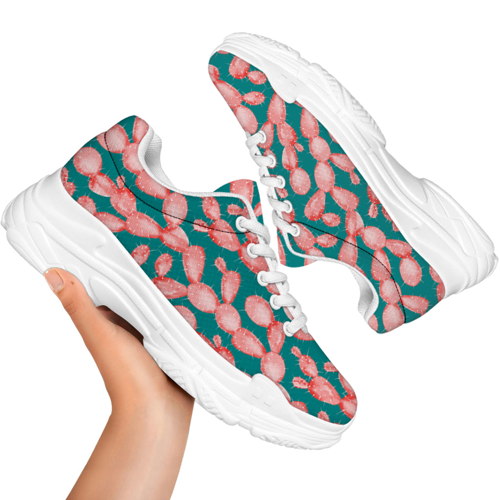 Pink Cactus Pattern Print White Chunky Shoes