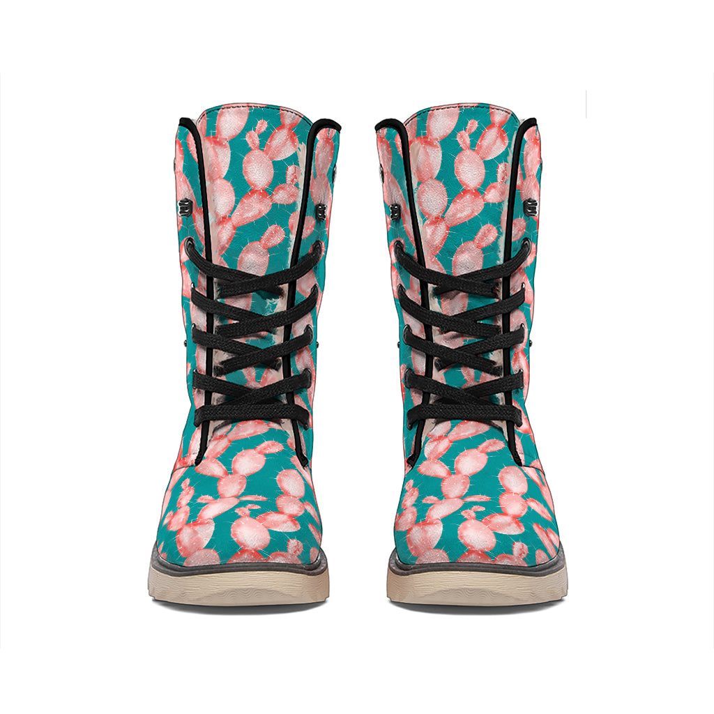 Pink Cactus Pattern Print Winter Boots
