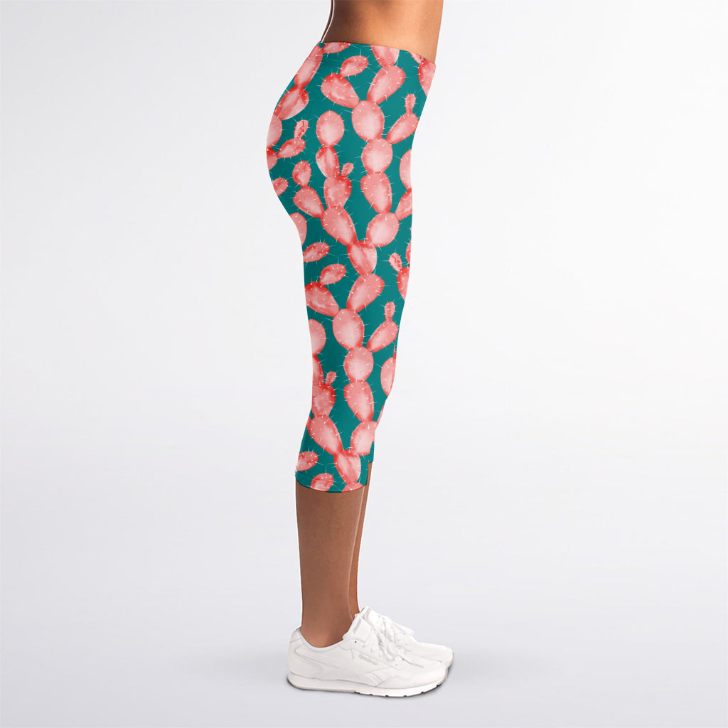 Pink Cactus Pattern Print Women's Capri Leggings