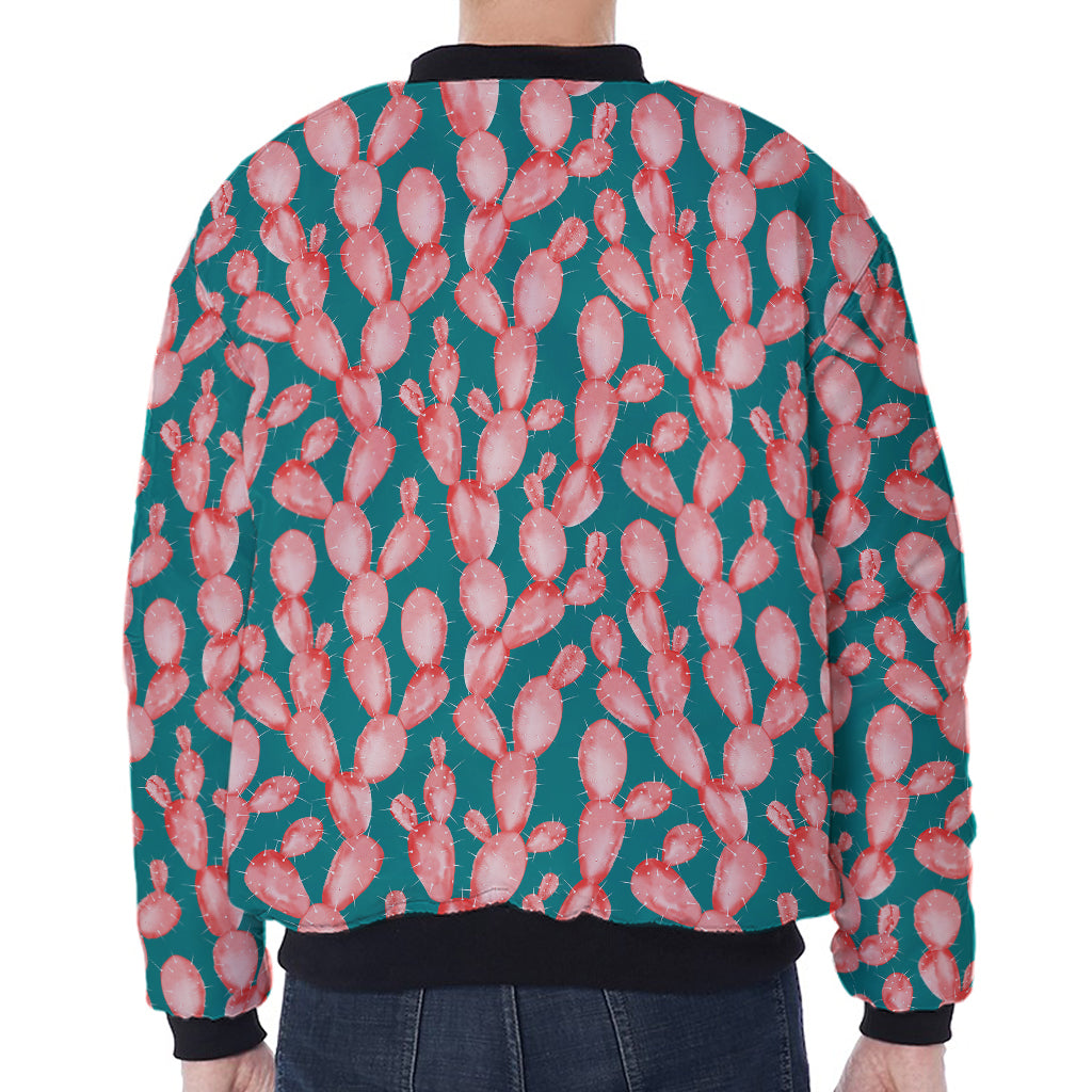 Pink Cactus Pattern Print Zip Sleeve Bomber Jacket