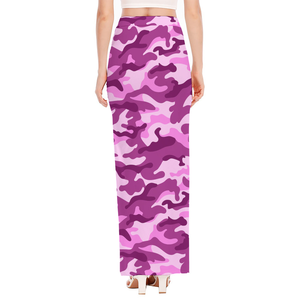 Pink Camouflage Print High Slit Maxi Skirt