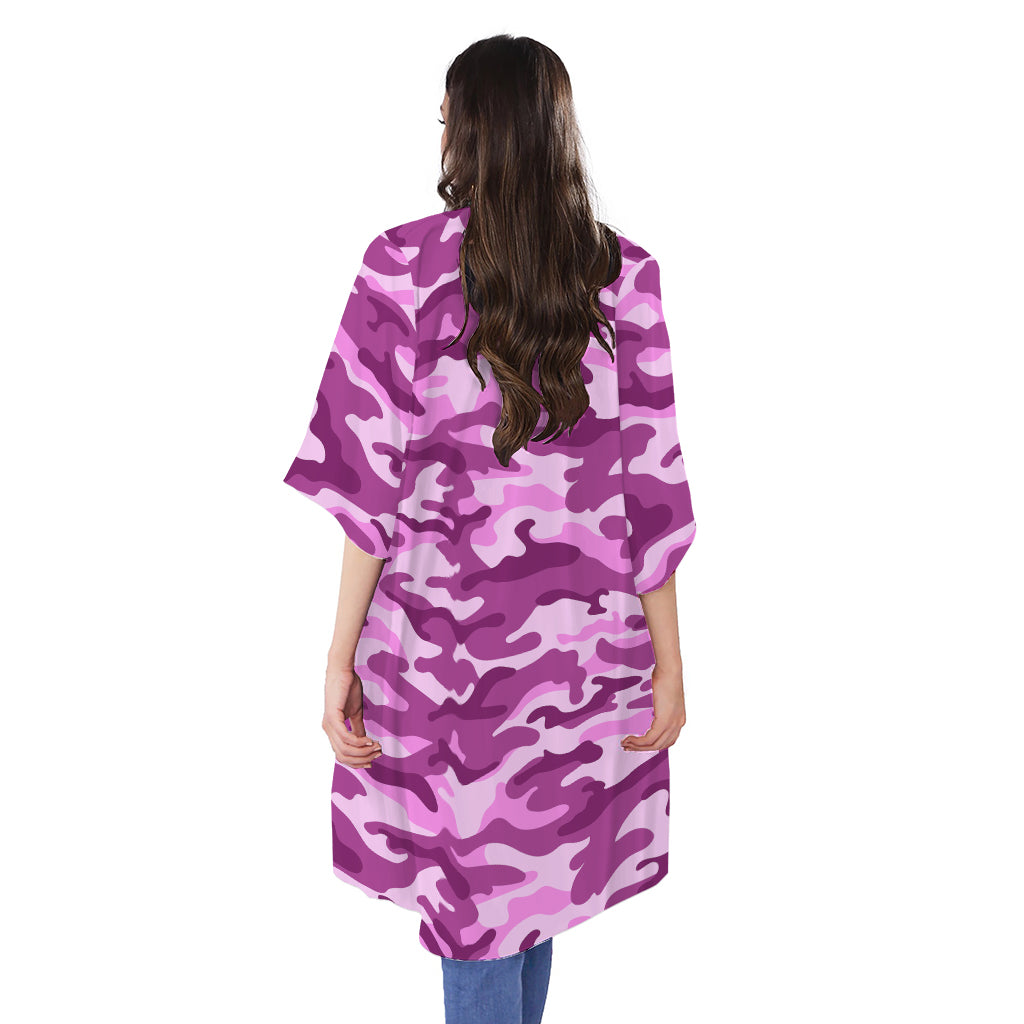Pink Camouflage Print Open Front Beach Cover Up