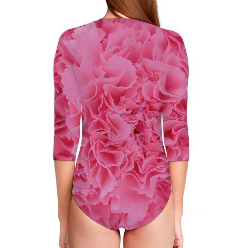 Pink Carnation Flower Print Long Sleeve Swimsuit