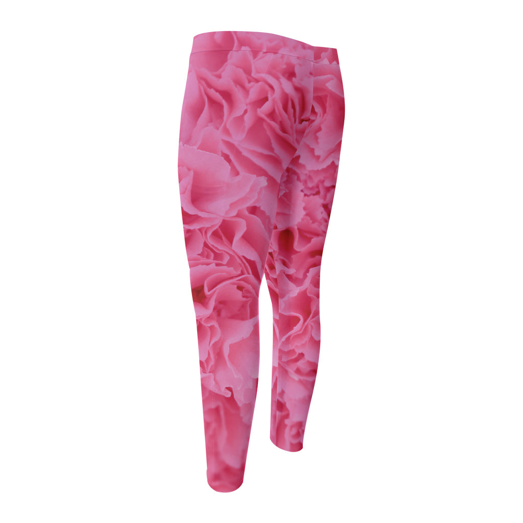 Pink Carnation Flower Print Men's Compression Pants
