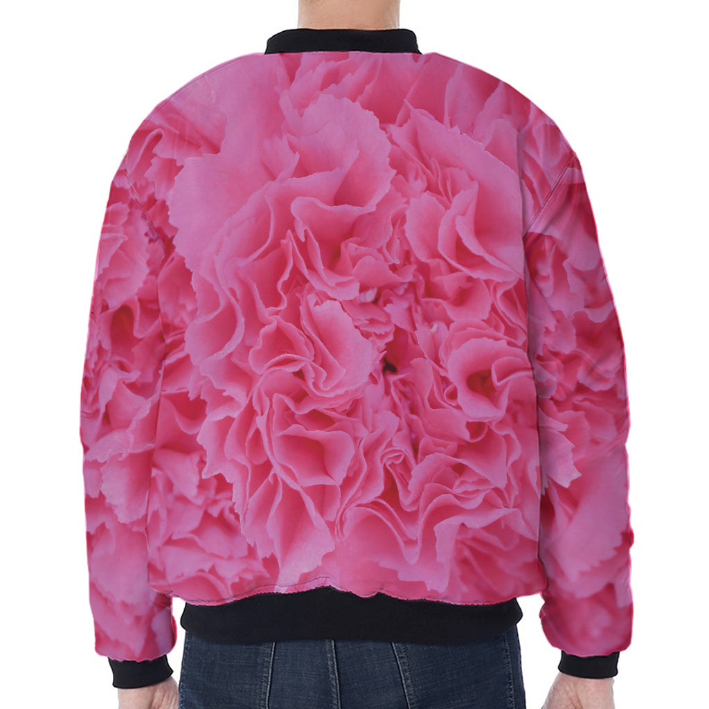 Pink Carnation Flower Print Zip Sleeve Bomber Jacket