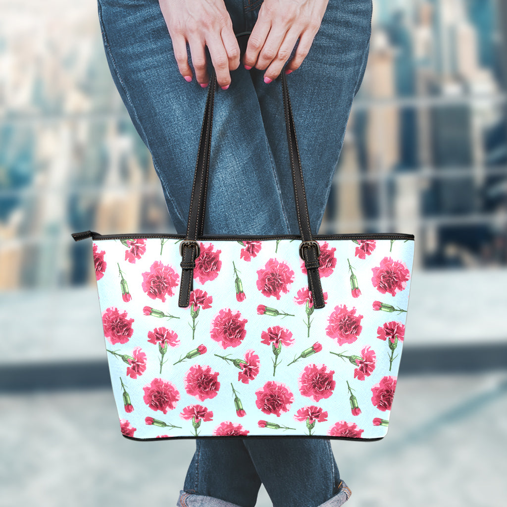 Pink Carnation Pattern Print Leather Tote Bag