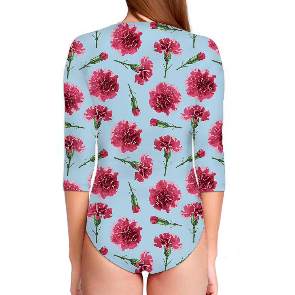 Pink Carnation Pattern Print Long Sleeve Swimsuit