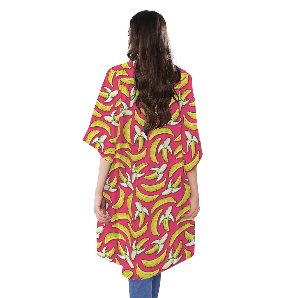 Pink Cartoon Banana Pattern Print Open Front Beach Cover Up