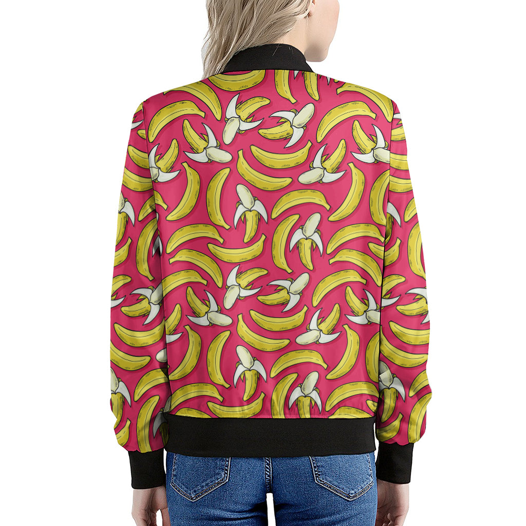 Pink Cartoon Banana Pattern Print Women's Bomber Jacket