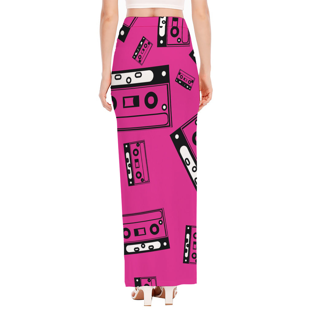 Pink Cassette Tape Pattern Print High Slit Maxi Skirt