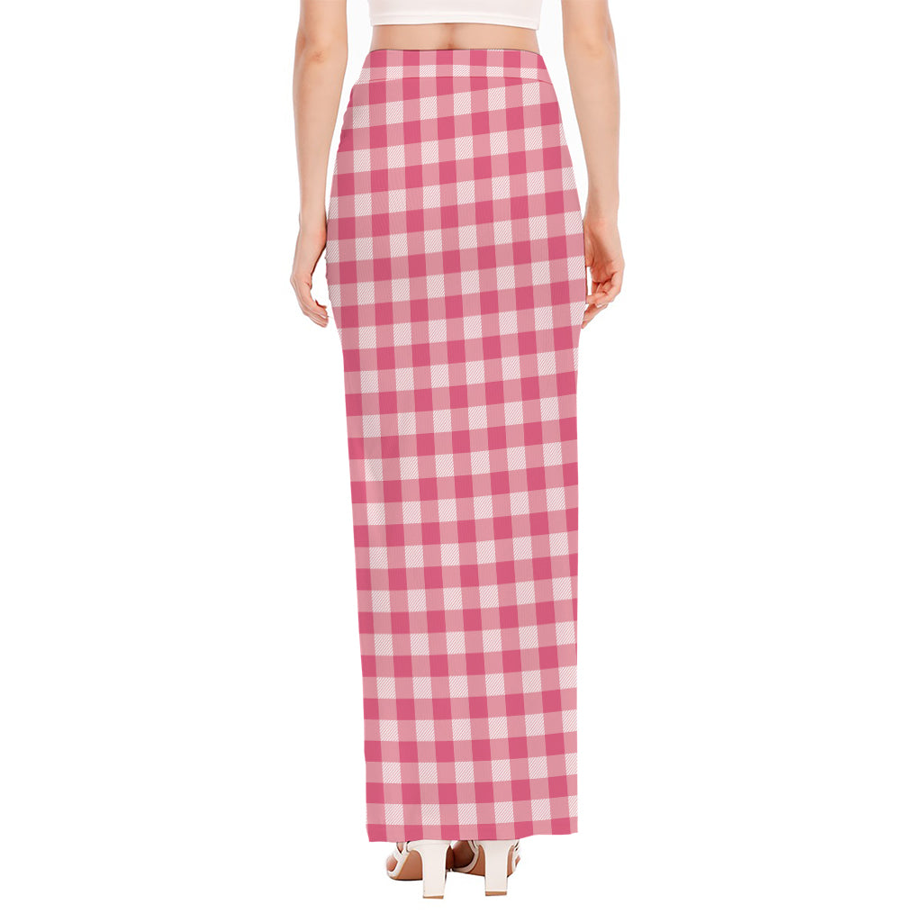Pink Check Pattern Print High Slit Maxi Skirt
