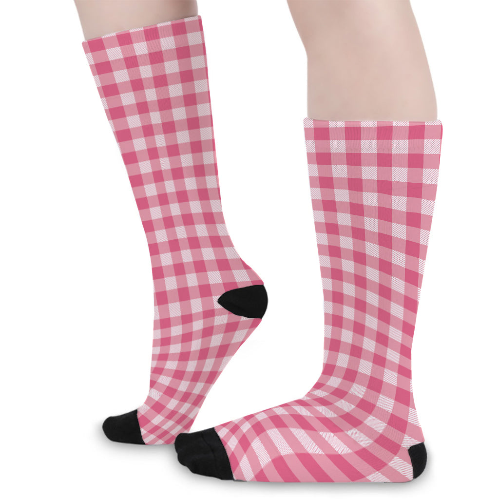 Pink Check Pattern Print Long Socks