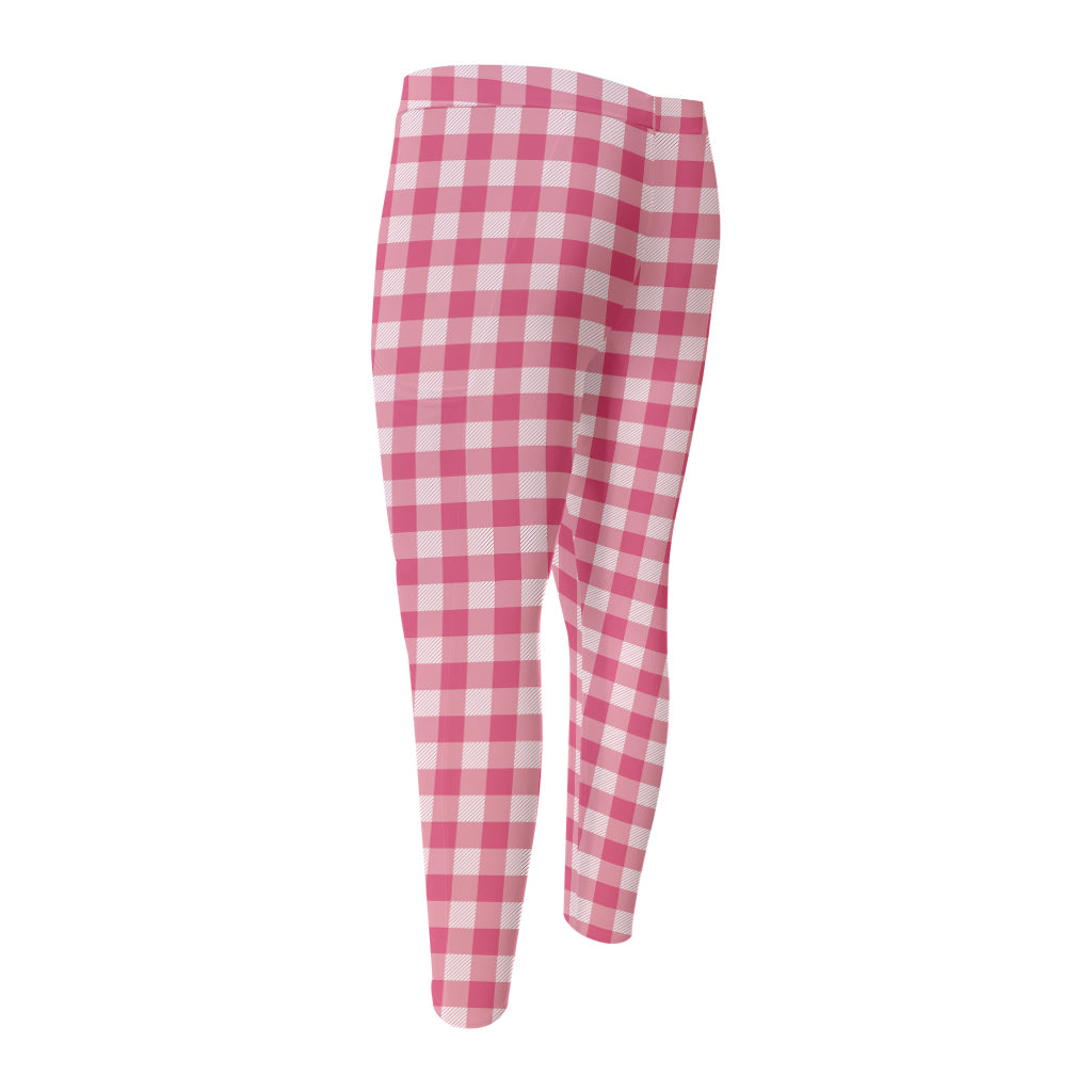 Pink Check Pattern Print Men's Compression Pants