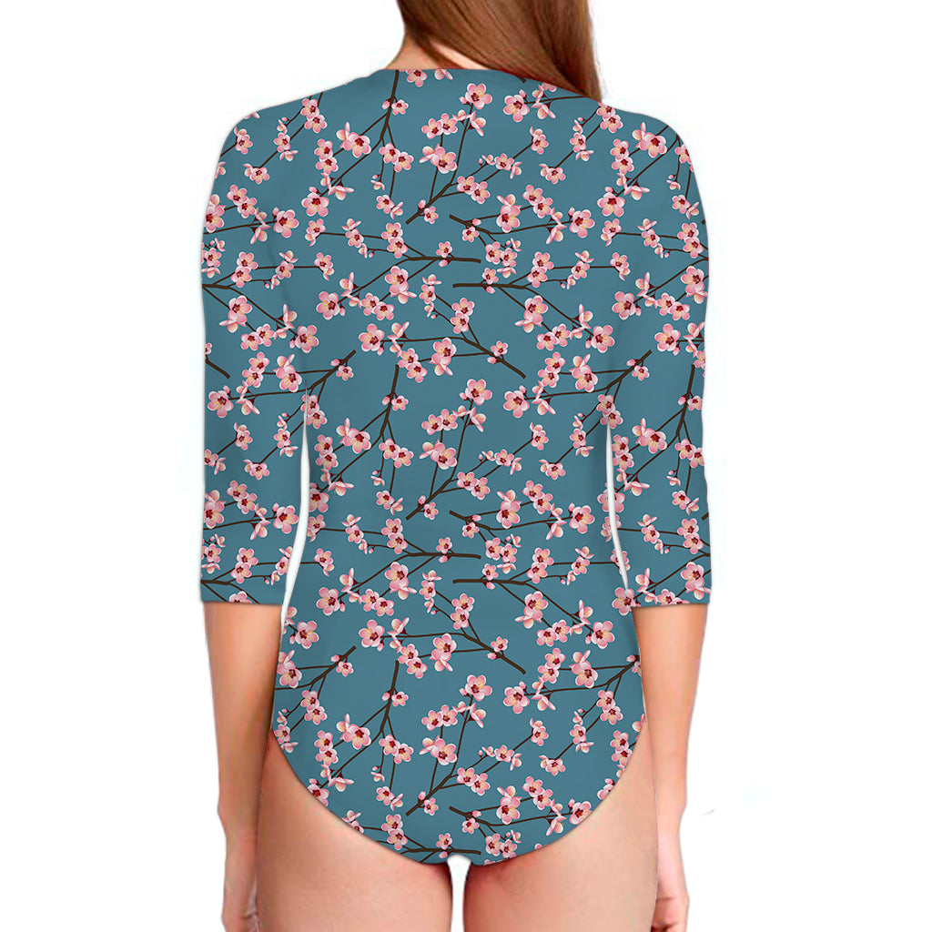 Pink Cherry Blossom Pattern Print Long Sleeve Swimsuit