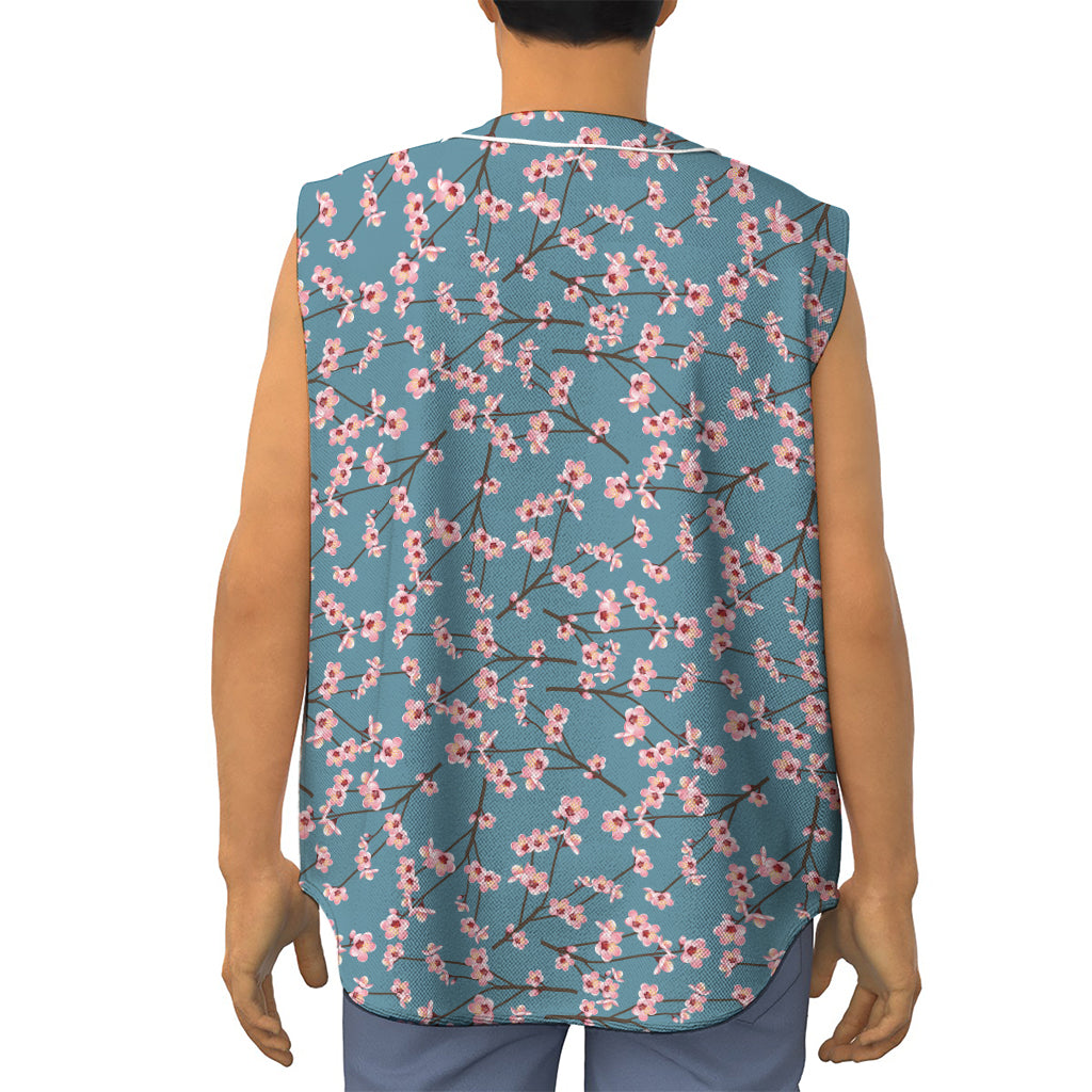 Pink Cherry Blossom Pattern Print Sleeveless Baseball Jersey