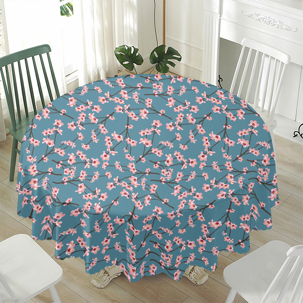 Pink Cherry Blossom Pattern Print Waterproof Round Tablecloth