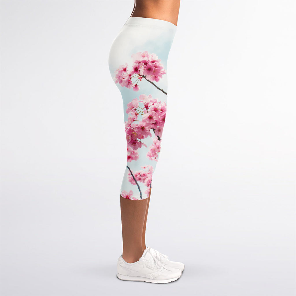 Pink Cherry Blossom Print Women's Capri Leggings