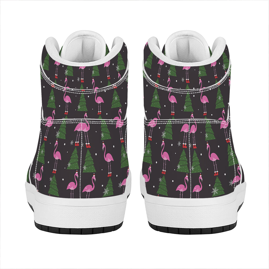 Pink Christmas Flamingo Pattern Print High Top Leather Sneakers