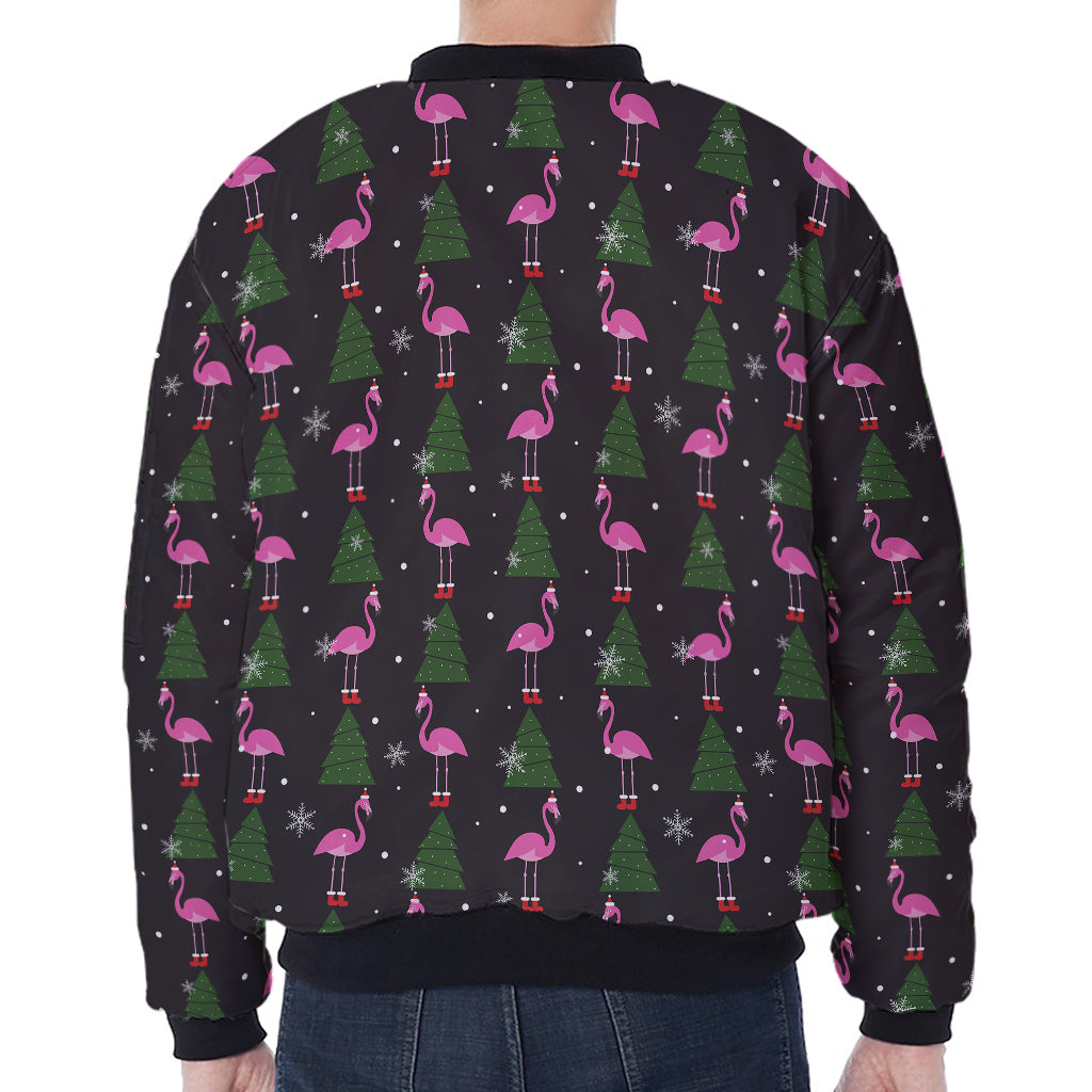Pink Christmas Flamingo Pattern Print Zip Sleeve Bomber Jacket