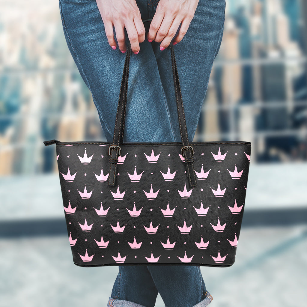 Pink Crown Pattern Print Leather Tote Bag