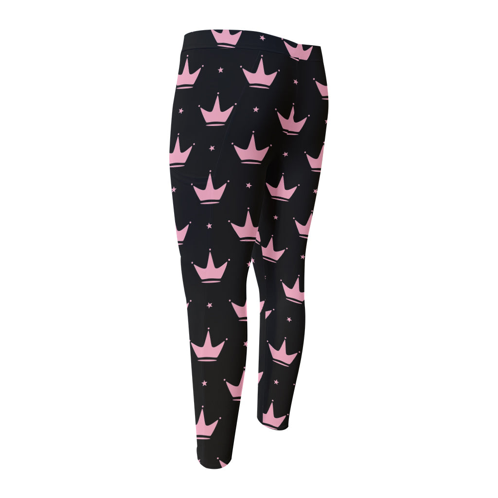 Pink Crown Pattern Print Men's Compression Pants