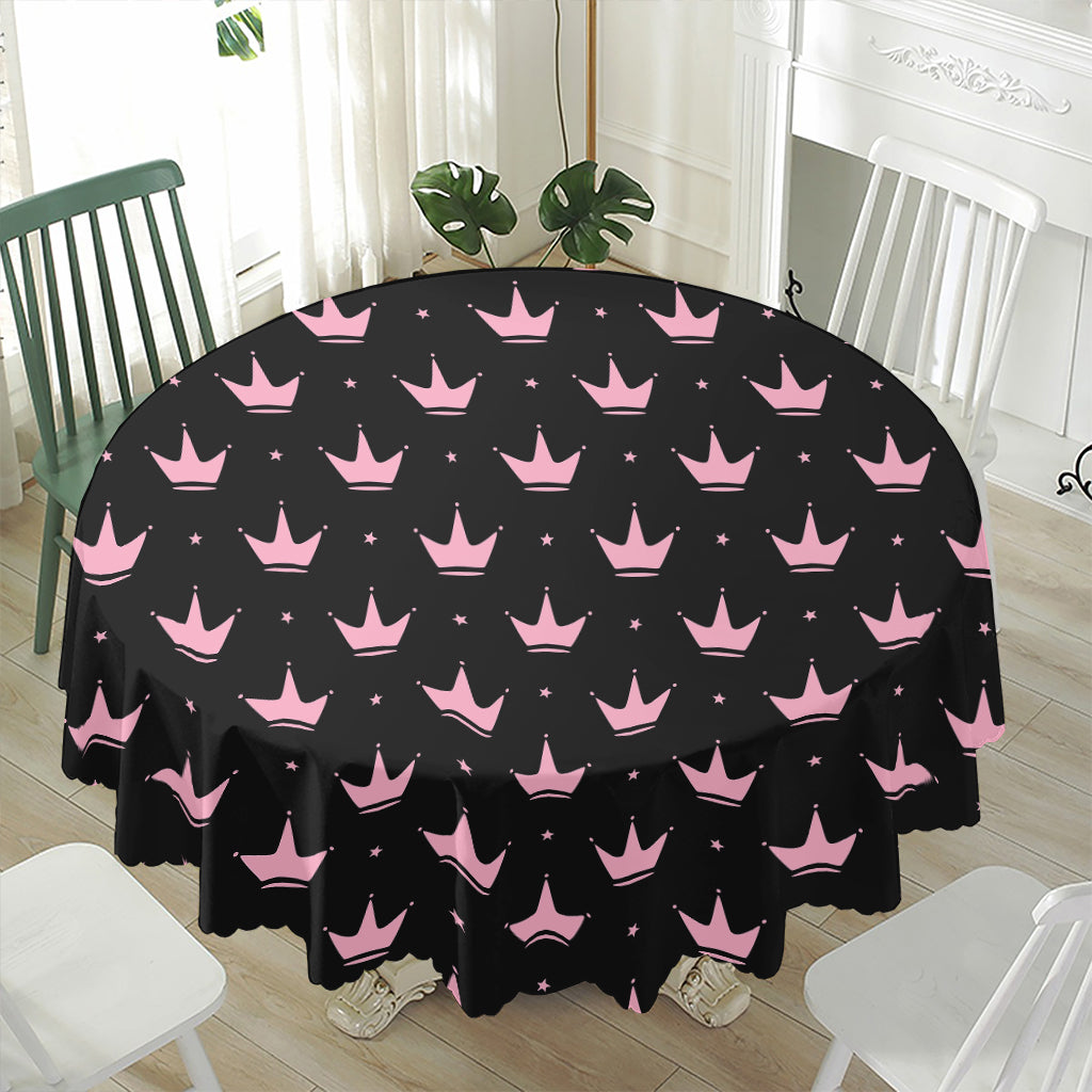 Pink Crown Pattern Print Waterproof Round Tablecloth