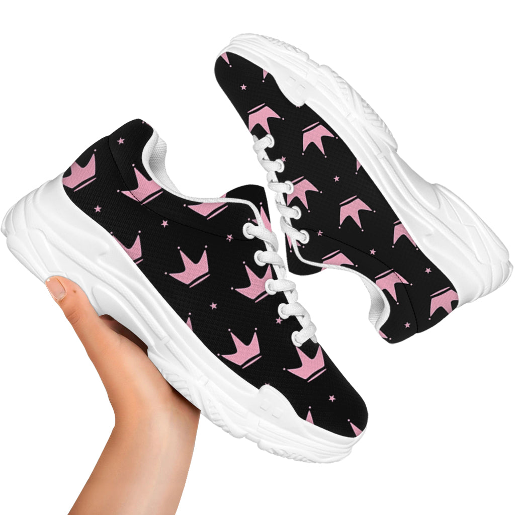 Pink Crown Pattern Print White Chunky Shoes