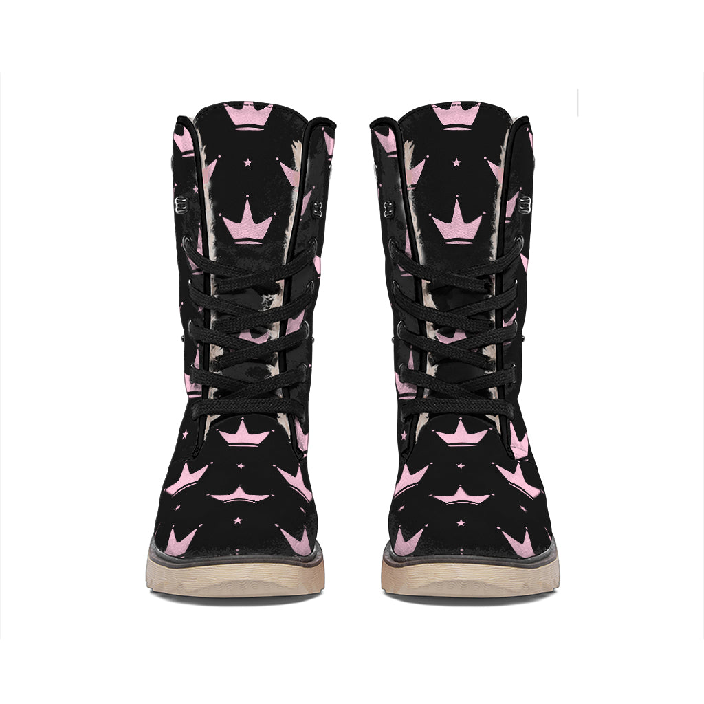 Pink Crown Pattern Print Winter Boots
