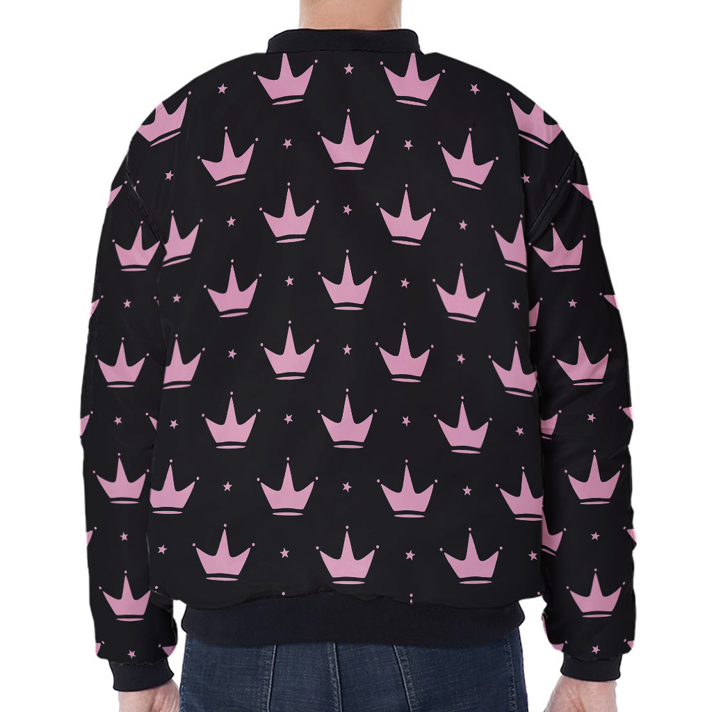 Pink Crown Pattern Print Zip Sleeve Bomber Jacket