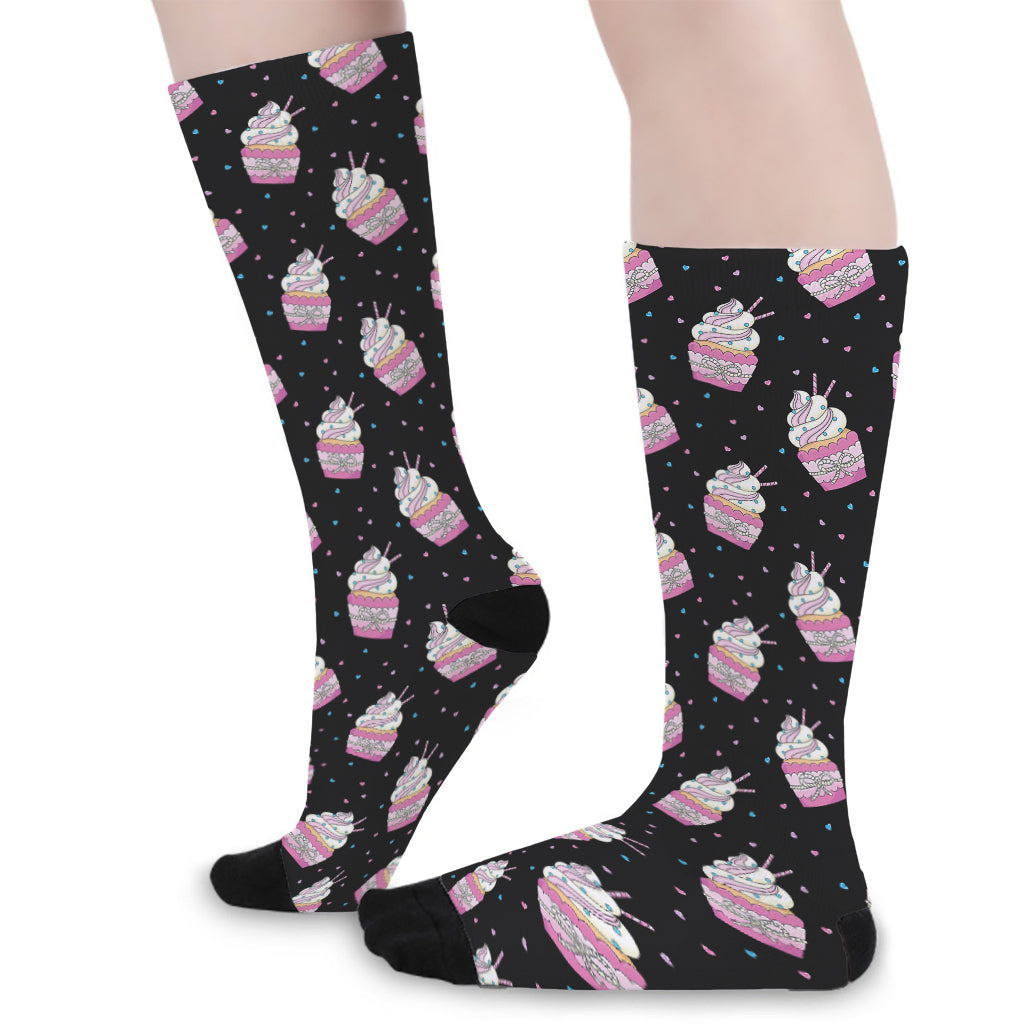 Pink Cupcake Pattern Print Long Socks