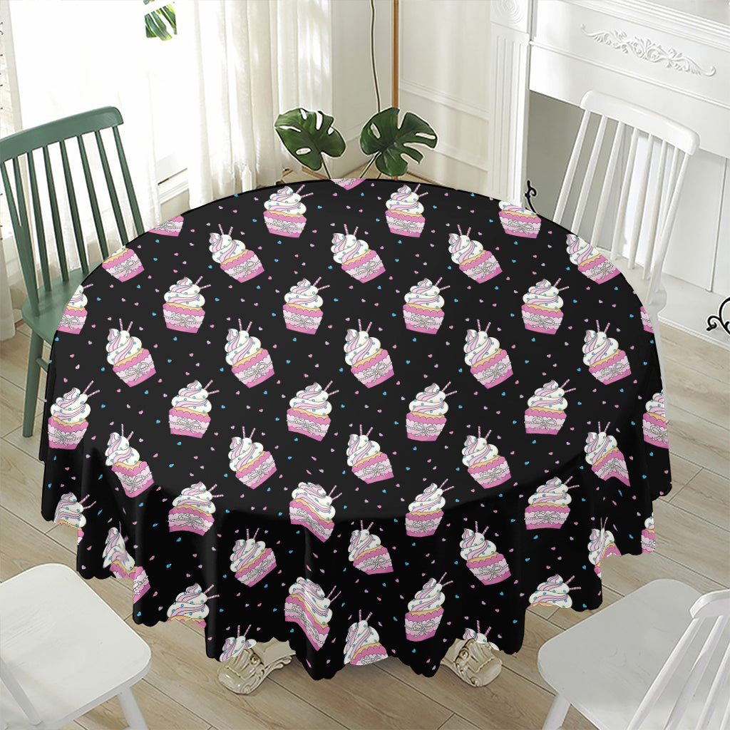 Pink Cupcake Pattern Print Waterproof Round Tablecloth