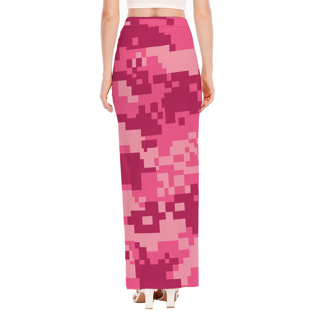 Pink Digital Camo Pattern Print High Slit Maxi Skirt