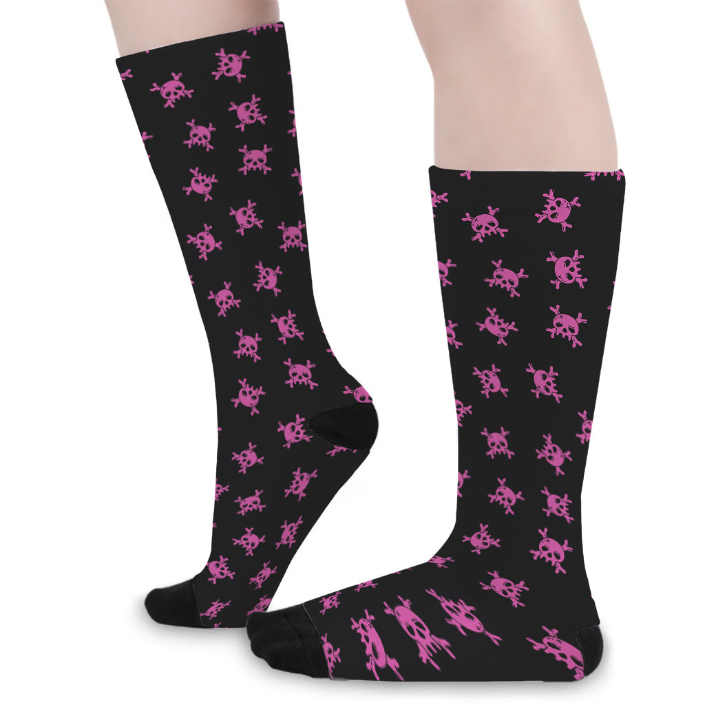 Pink Emo Skull Pattern Print Long Socks