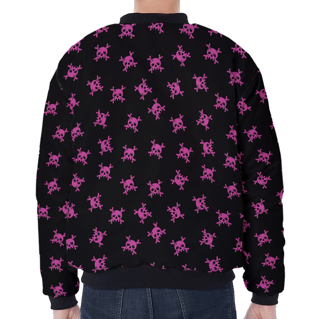 Pink Emo Skull Pattern Print Zip Sleeve Bomber Jacket