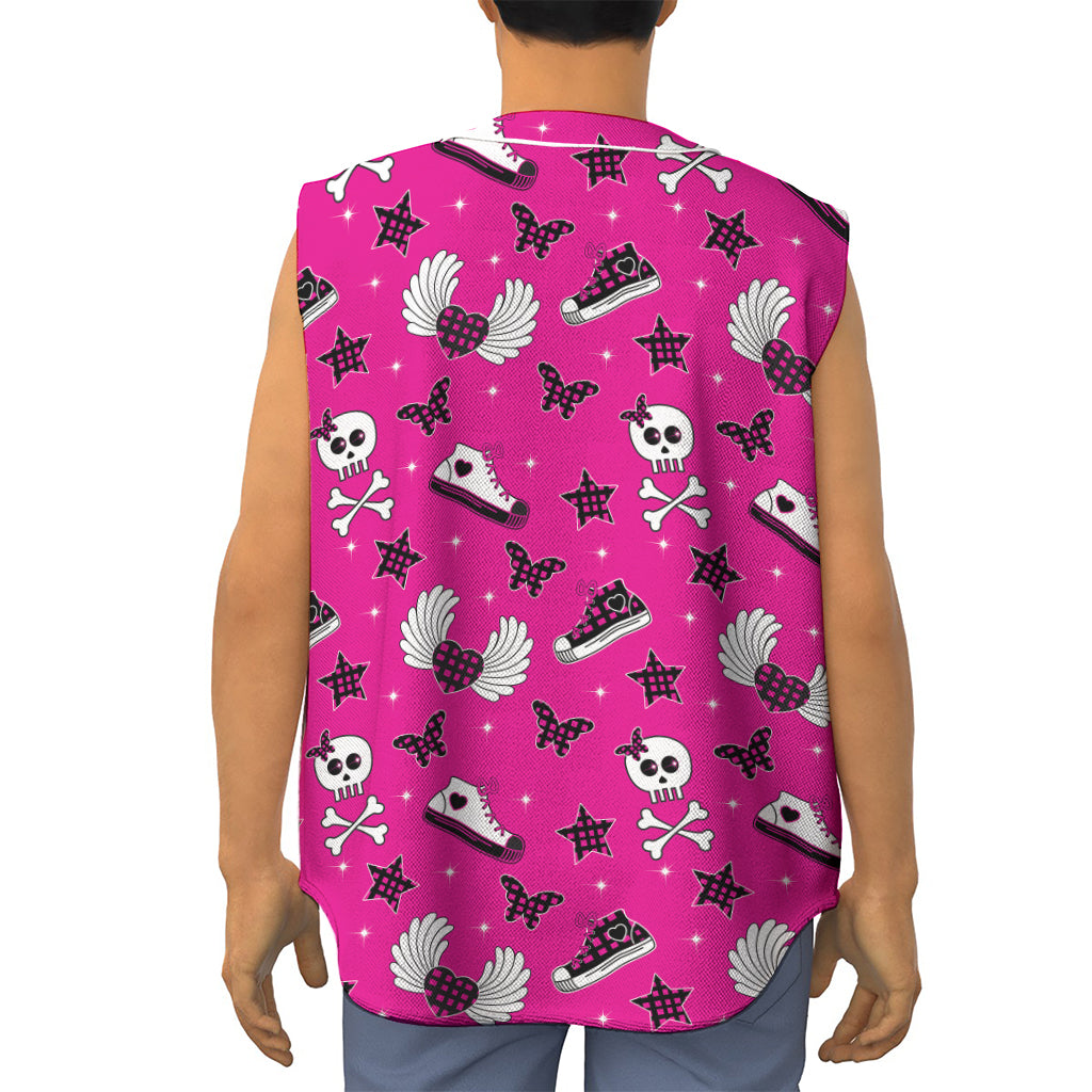 Pink Emo Symbols Pattern Print Sleeveless Baseball Jersey