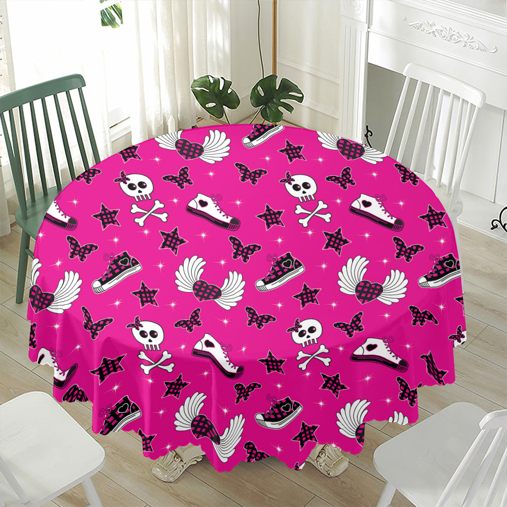 Pink Emo Symbols Pattern Print Waterproof Round Tablecloth
