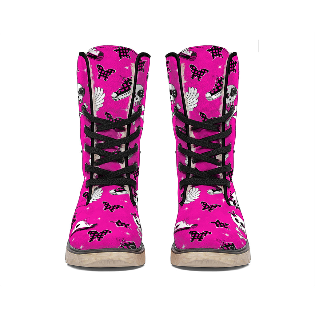 Pink Emo Symbols Pattern Print Winter Boots