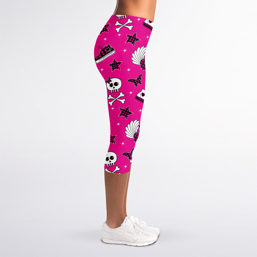 Pink Emo Symbols Pattern Print Women's Capri Leggings