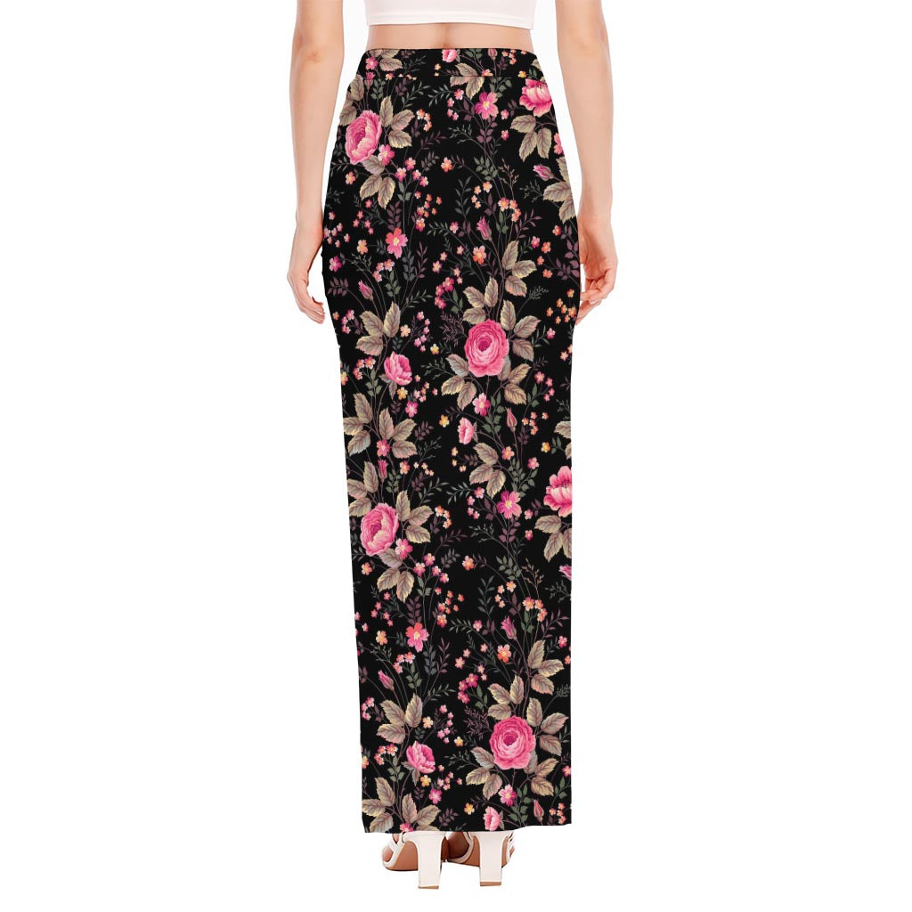 Pink Floral Flower Pattern Print High Slit Maxi Skirt