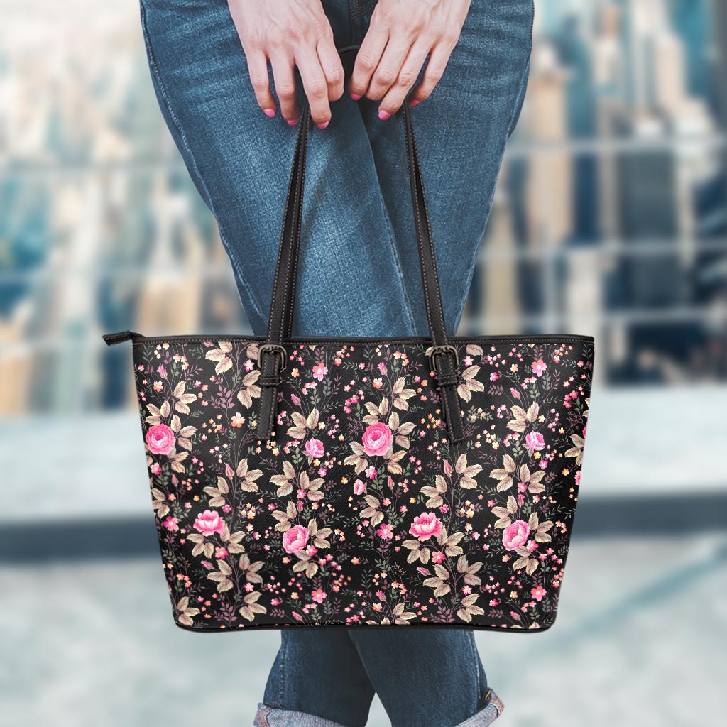 Pink Floral Flower Pattern Print Leather Tote Bag