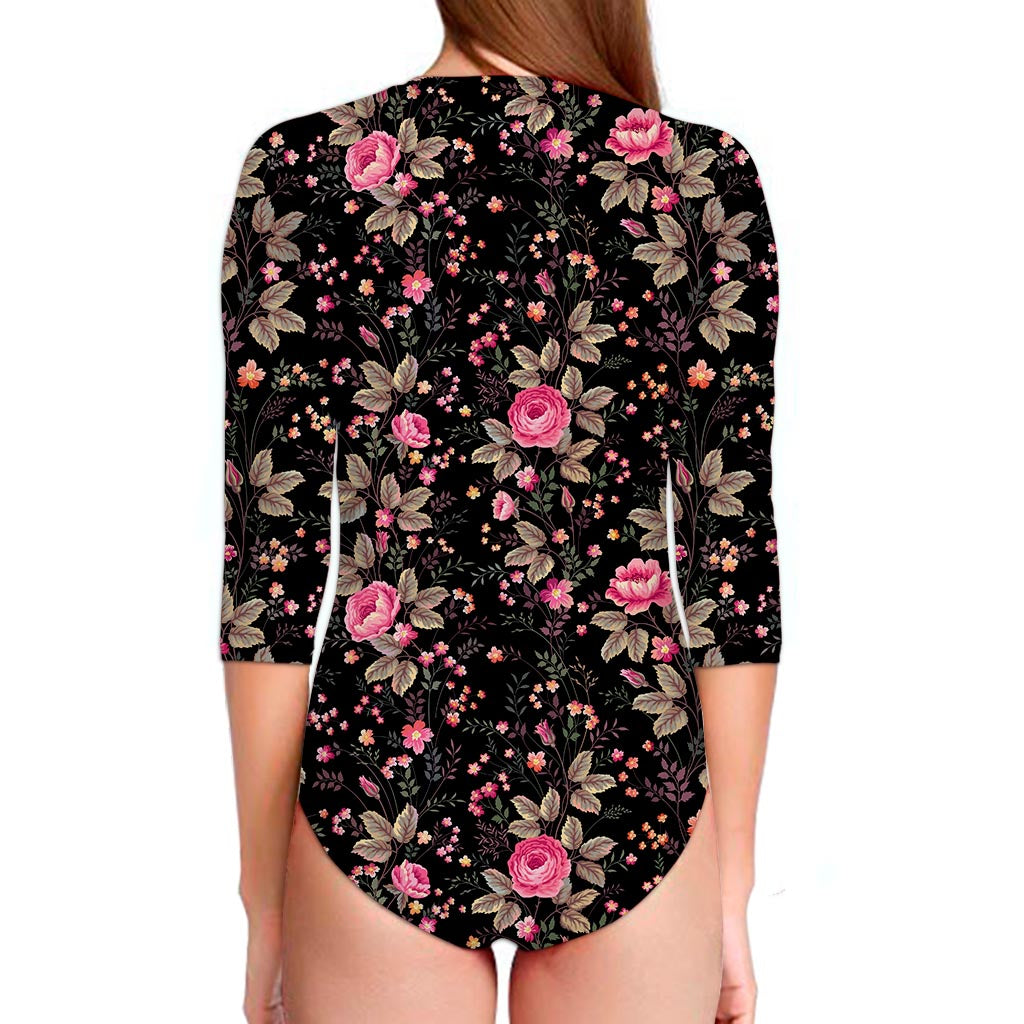 Pink Floral Flower Pattern Print Long Sleeve Swimsuit