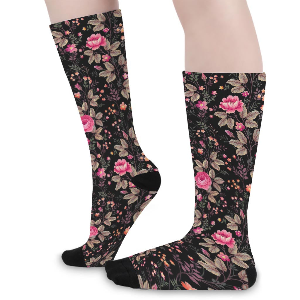 Pink Floral Flower Pattern Print Long Socks