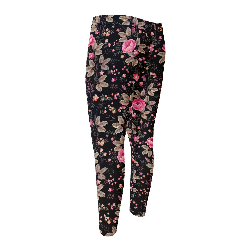 Pink Floral Flower Pattern Print Men's Compression Pants