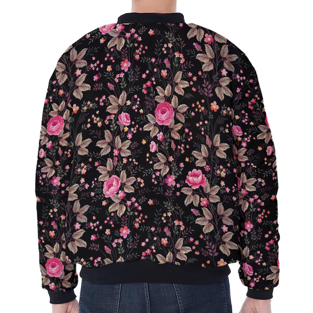 Pink Floral Flower Pattern Print Zip Sleeve Bomber Jacket