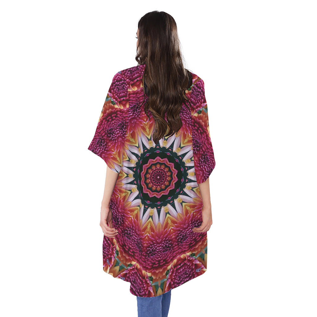Pink Flower Kaleidoscope Print Open Front Beach Cover Up