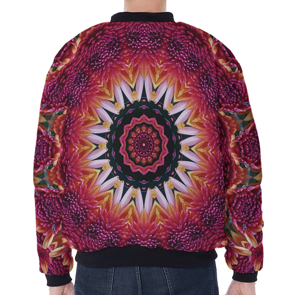 Pink Flower Kaleidoscope Print Zip Sleeve Bomber Jacket
