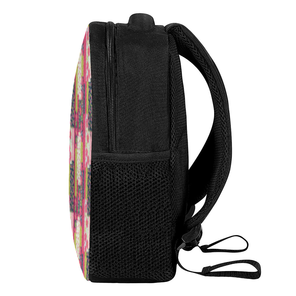 Pink Flower Patchwork Pattern Print Casual Backpack